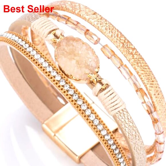 Faux Leather Wrap Bracelet with Crystal Beads and Magnetic Clasp - Picture 4 of 7